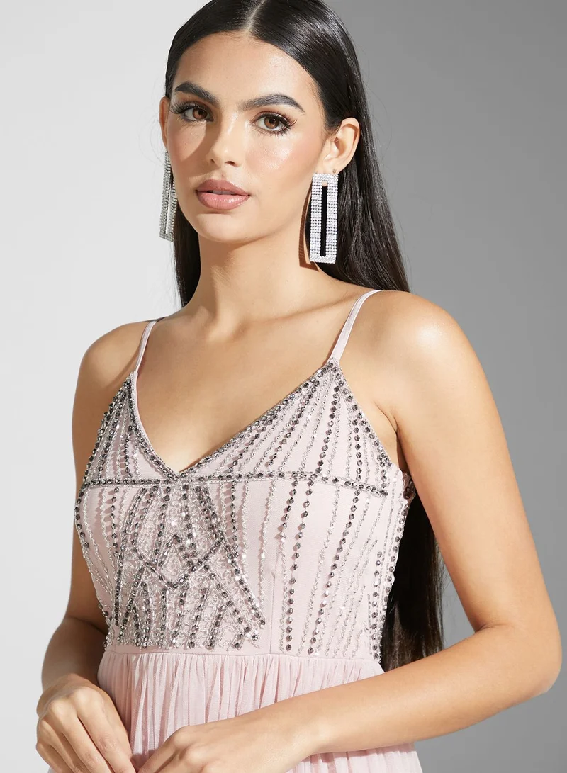 Namshi x Shouq Halter Neck Embellished Bodice Dress