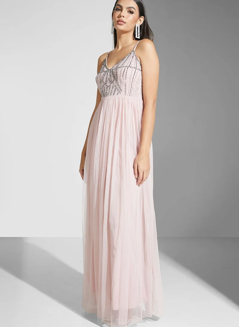 Namshi x Shouq Halter Neck Embellished Bodice Dress