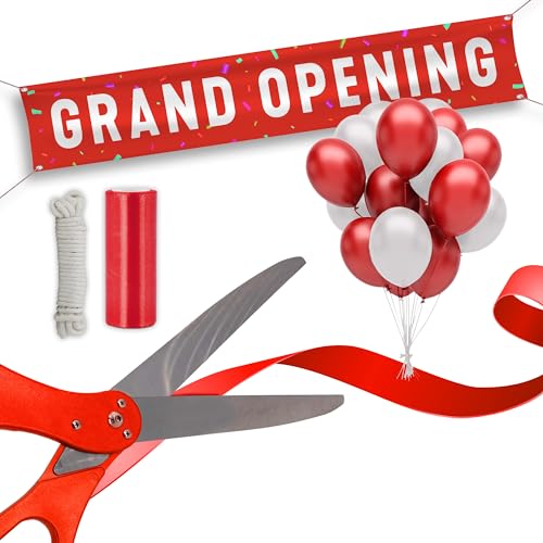 SIRCLES Grand Opening Ribbon Cutting Ceremony Kit - 25" Giant Scissors, 5yd of 4" Wide Ribbon, 10ft Banner, 8 Red & 8 White Balloons, 19 ft Banner Rope, 2 Rolls Balloon Ribbon - Grand Opening Kit - Image 1