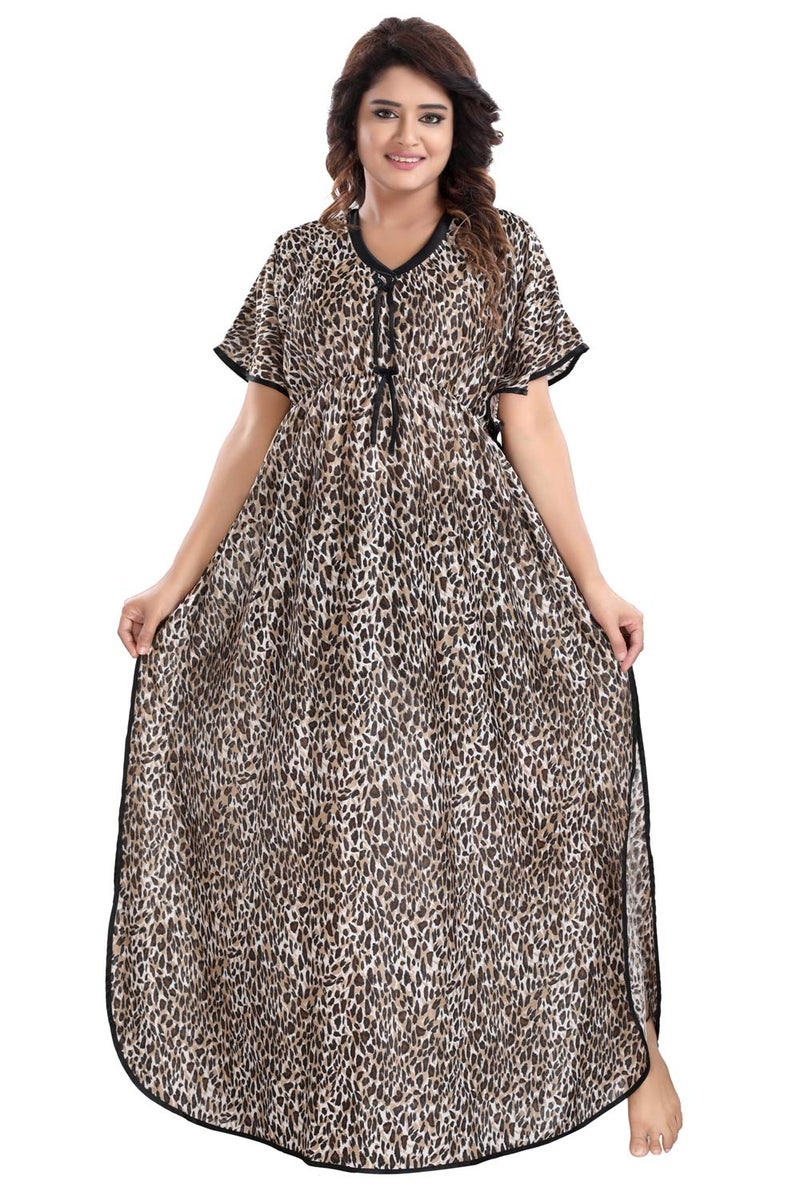 Fabme Women's Satin Maxi Nighty(NW0237CH_Chettah_Free Size) - Image 1