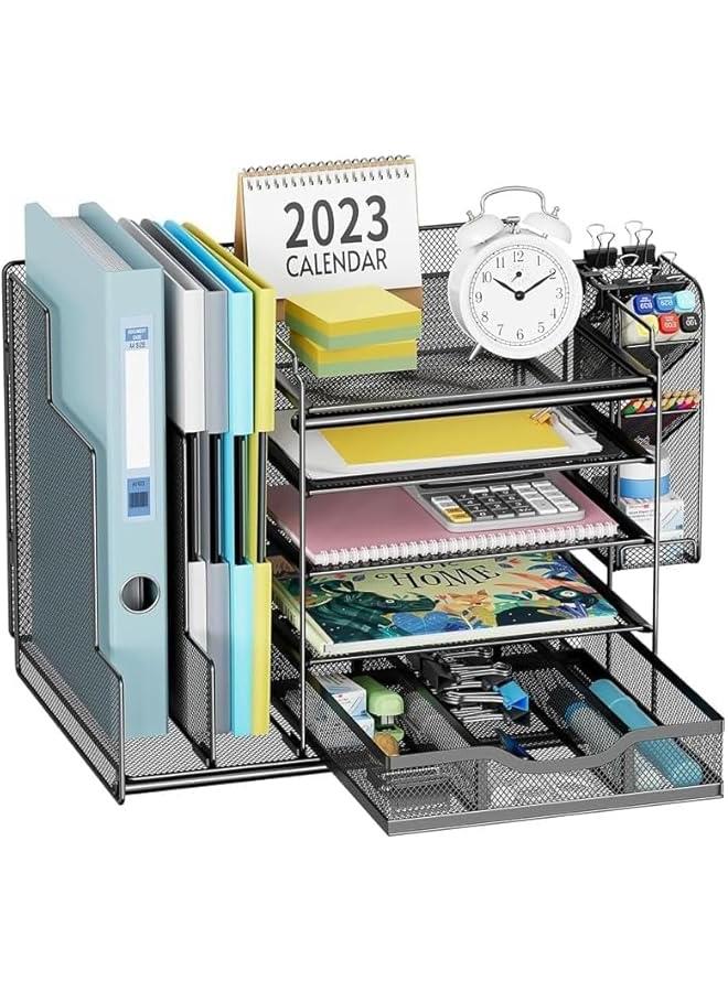 هوكور Durku Desk Organizer with File Holder,5-Tier Paper Letter Tray Organizer with Drawer and 4 Tier Pen Holder,Desktop File Organizer and Storage for Office, School, Home Supplies - Image 1