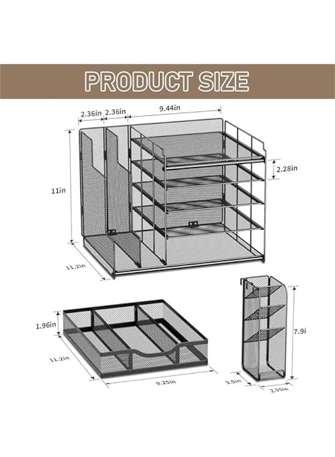 هوكور Durku Desk Organizer with File Holder,5-Tier Paper Letter Tray Organizer with Drawer and 4 Tier Pen Holder,Desktop File Organizer and Storage for Office, School, Home Supplies - Image 2