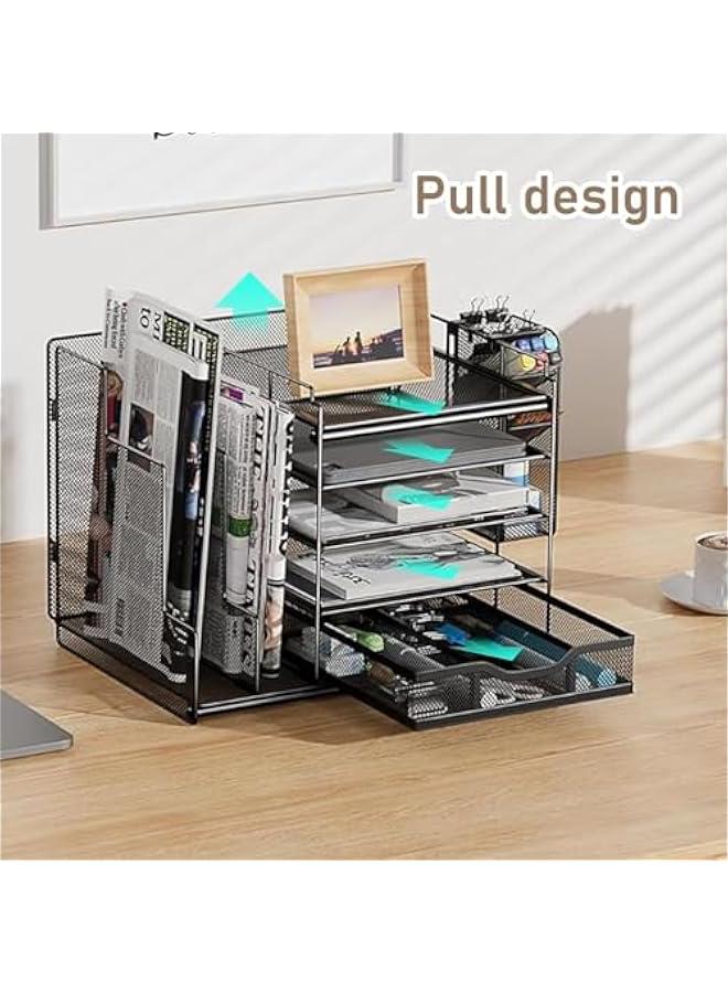 هوكور Durku Desk Organizer with File Holder,5-Tier Paper Letter Tray Organizer with Drawer and 4 Tier Pen Holder,Desktop File Organizer and Storage for Office, School, Home Supplies - Image 3