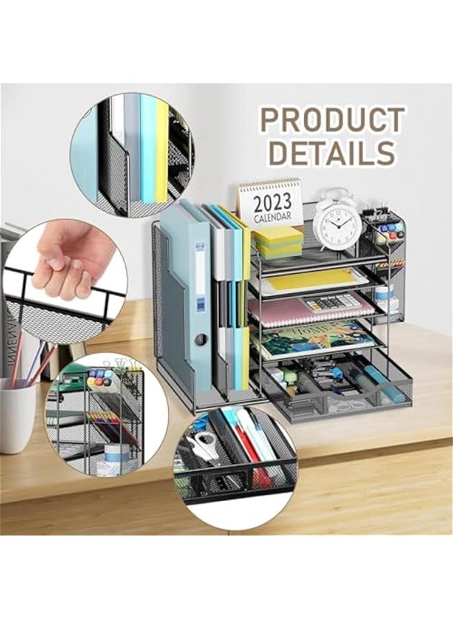 هوكور Durku Desk Organizer with File Holder,5-Tier Paper Letter Tray Organizer with Drawer and 4 Tier Pen Holder,Desktop File Organizer and Storage for Office, School, Home Supplies - Image 5