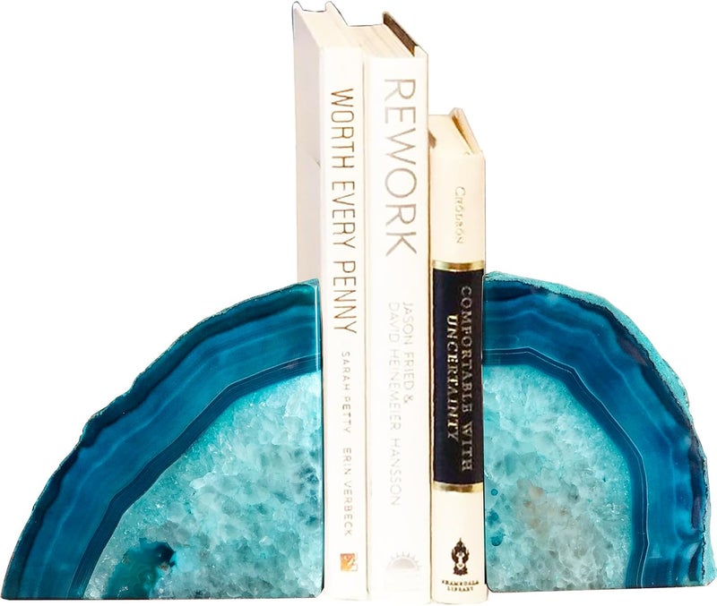 AMOYSTONE Teal Bookends Agate Heavy Stone Book Ends for Shelves Decor with Rubber Bumpers Small(1 Pair, 2-3 LBS) - Image 3