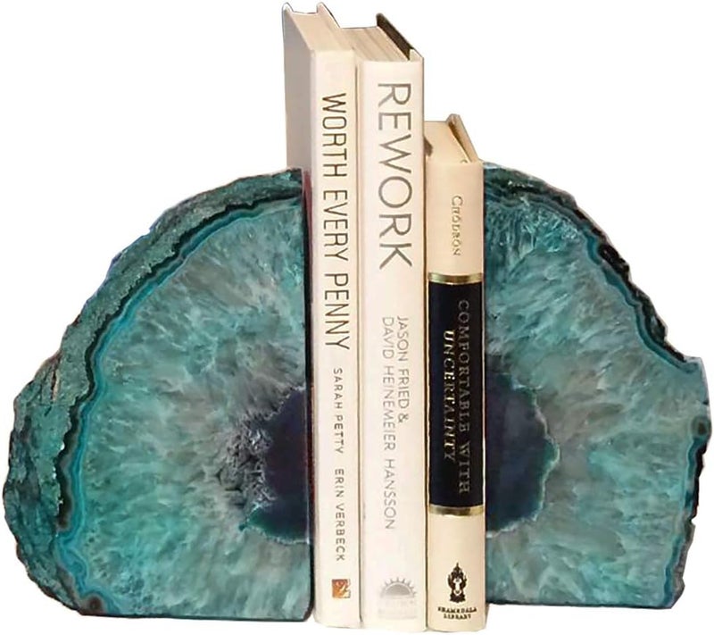 AMOYSTONE Teal Bookends Agate Heavy Stone Book Ends for Shelves Decor with Rubber Bumpers Small(1 Pair, 2-3 LBS) - Image 1