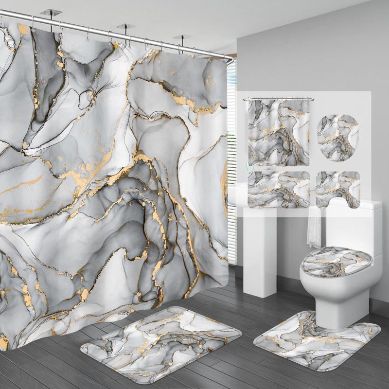 BayNook 4PCS Grey Marble Bathroom Sets with Shower Curtain and Rugs Abstract Shower Curtain Sets with Rugs Gold Bathroom Curtains Shower Set with Toilet Lid Cover Accessories