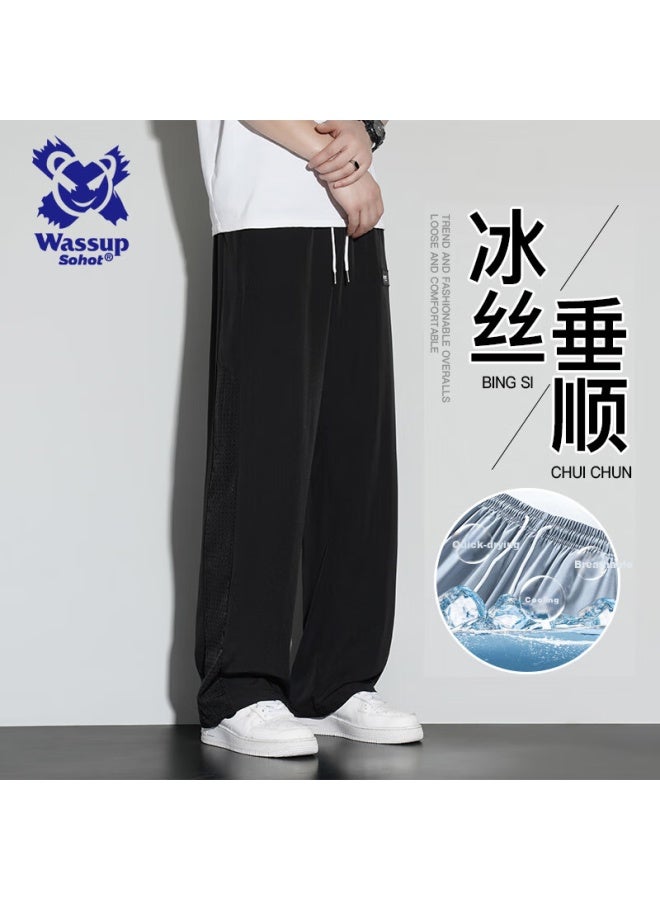 Wassup Sohot Men's Summer Ice Silk Cool Feeling Quick-drying Loose Wide Leg Straight Pants Black XL - Image 1