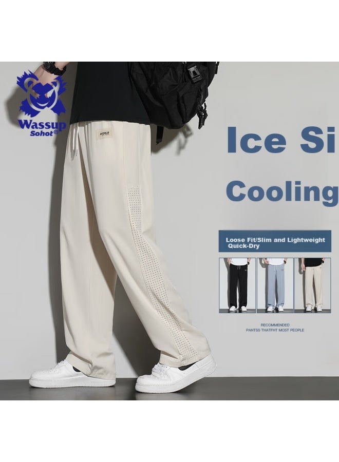 Wassup Sohot Men's Summer Ice Silk Cool Feeling Quick-drying Loose Wide Leg Straight Pants Black XL - Image 3