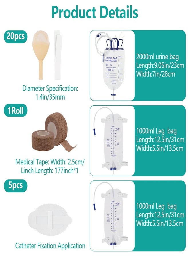 lefeke External Condom Catheter for Incontinence Elderly Men Overnight, Includes 2x1000ml and 1x2000ml Urine Collection Bags, Along with 20 x 30mm Soft Latex Sets, Adjustable Clips for Home or Hospital Use - Image 2
