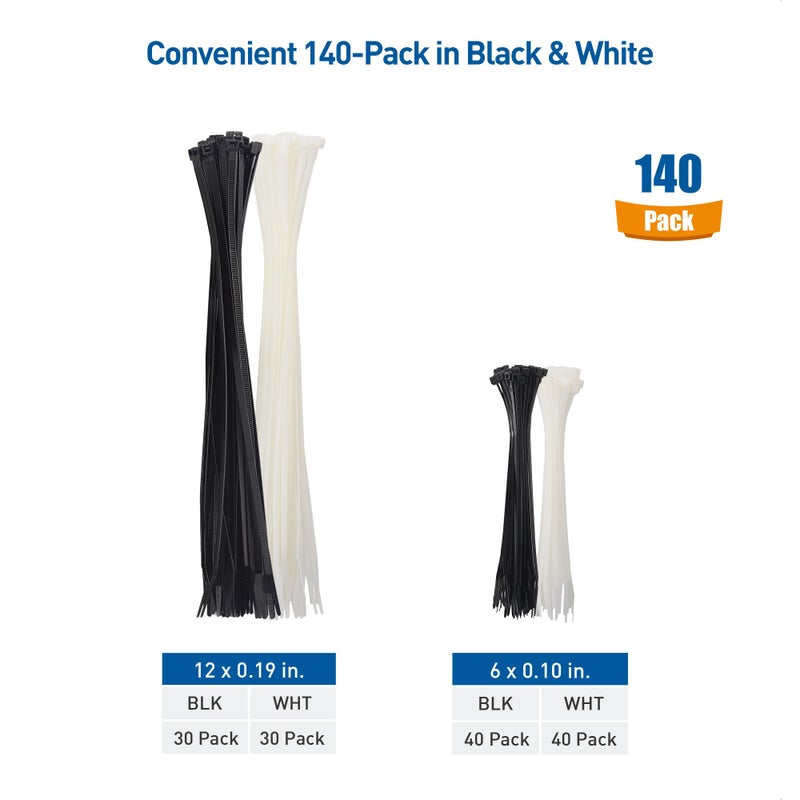 كابل ماترز - 140 حزمة من ربطات الكابلات للاستخدام الداخلي والخارجي، 6 ربطات عنق نايلون ذاتية الغلق مقاس 12 بوصة، مقاسات متنوعة، ربطات سلكية، لفافات ربط للاستخدام المتعدد، سحابات ذاتية الغلق باللونين الأسود والأبيض - Image 2