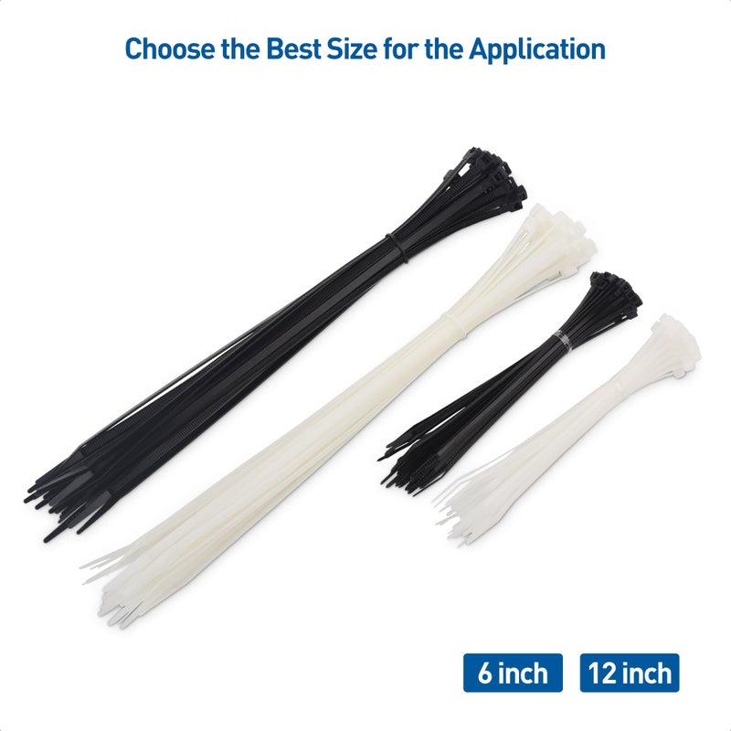 كابل ماترز - 140 حزمة من ربطات الكابلات للاستخدام الداخلي والخارجي، 6 ربطات عنق نايلون ذاتية الغلق مقاس 12 بوصة، مقاسات متنوعة، ربطات سلكية، لفافات ربط للاستخدام المتعدد، سحابات ذاتية الغلق باللونين الأسود والأبيض - Image 5