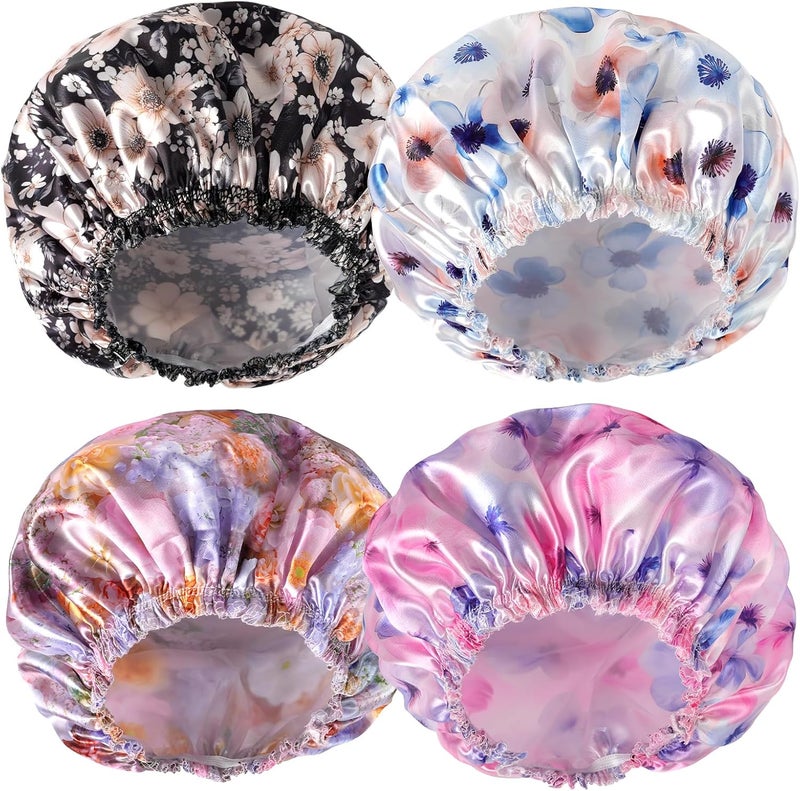 CHFONG 4 PCS Shower Caps for Women, 3D Printing Bath Caps, Double Layers Shower Cap Reusable Waterproof, Bathing Shower Caps, Environmental Protection Hair Bath Hat - Flower C - Image 1