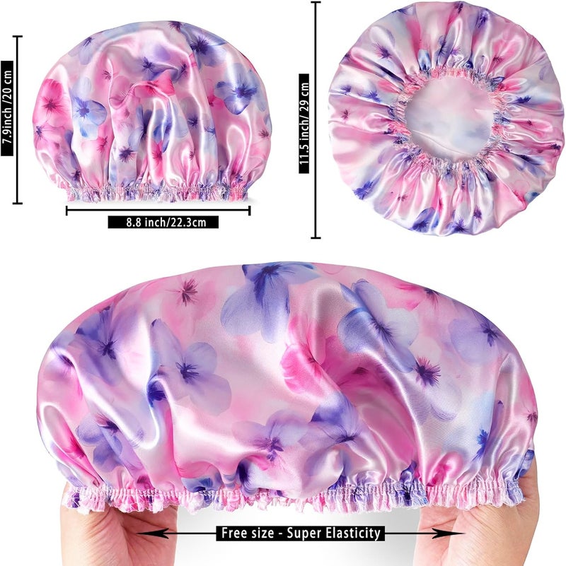 CHFONG 4 PCS Shower Caps for Women, 3D Printing Bath Caps, Double Layers Shower Cap Reusable Waterproof, Bathing Shower Caps, Environmental Protection Hair Bath Hat - Flower C - Image 4