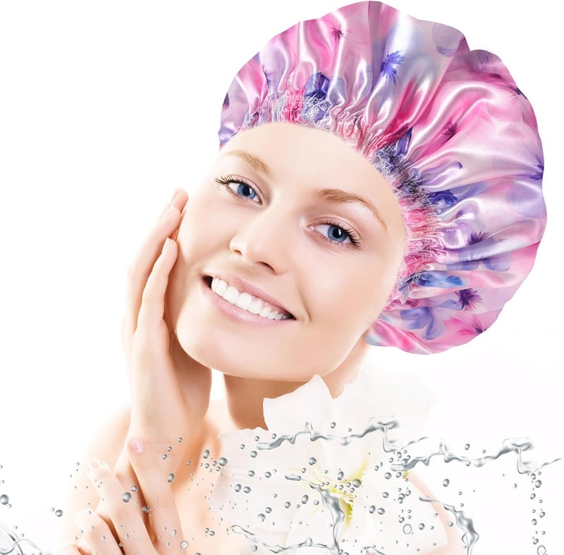 CHFONG 4 PCS Shower Caps for Women, 3D Printing Bath Caps, Double Layers Shower Cap Reusable Waterproof, Bathing Shower Caps, Environmental Protection Hair Bath Hat - Flower C - Image 2