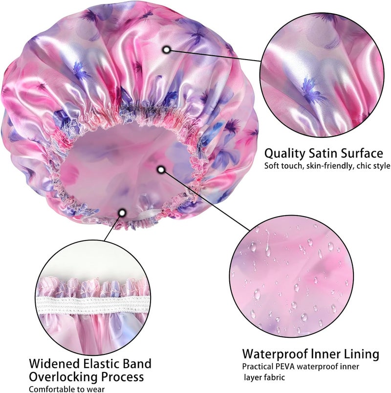 CHFONG 4 PCS Shower Caps for Women, 3D Printing Bath Caps, Double Layers Shower Cap Reusable Waterproof, Bathing Shower Caps, Environmental Protection Hair Bath Hat - Flower C - Image 5