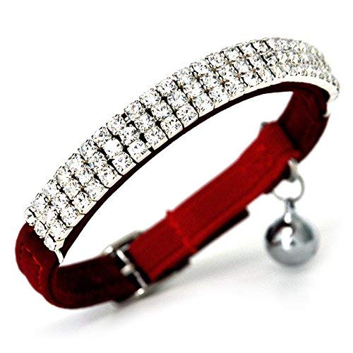 CHUKCHI Soft Velvet Safe Cat Adjustable Collar Bling Diamante with Bells,2 Pcs Black+Red - Image 4