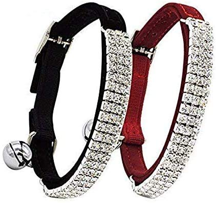 CHUKCHI Soft Velvet Safe Cat Adjustable Collar Bling Diamante with Bells,2 Pcs Black+Red - Image 1