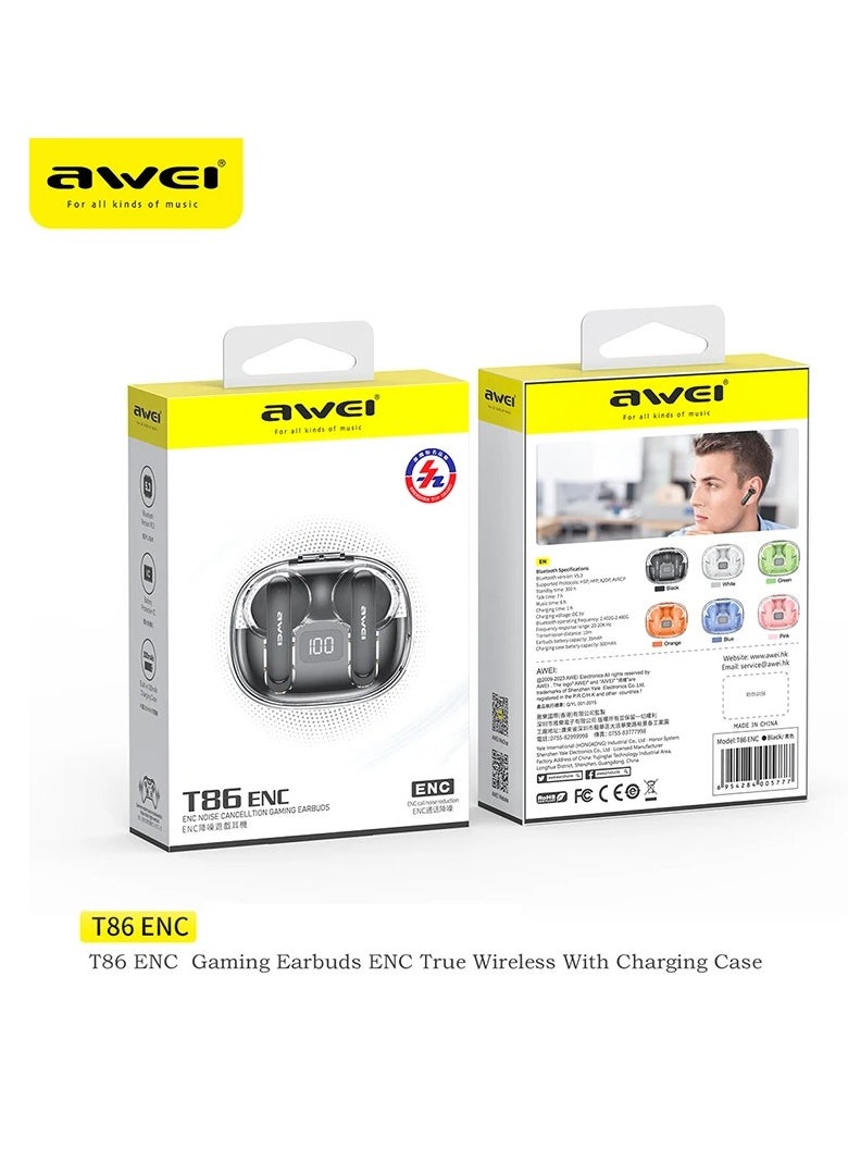 Awei - T86, ENC noise canceling earbuds, HiFi stereo headphones, digital display charging case, long battery life, IPX6 waterproof. Orange - Image 1