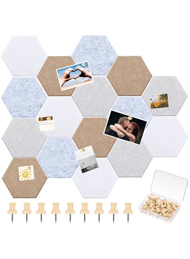 Mindsoft 16 Pcs Hexagon Cork Board for Walls with 50 Wooden Push Pins 6.7 x 5.9 in Felt DIY Tiles Notice with Nano Tape Hanging Bulletin Board for Home Photo Office Memo Note(Light Camel) - Image 1