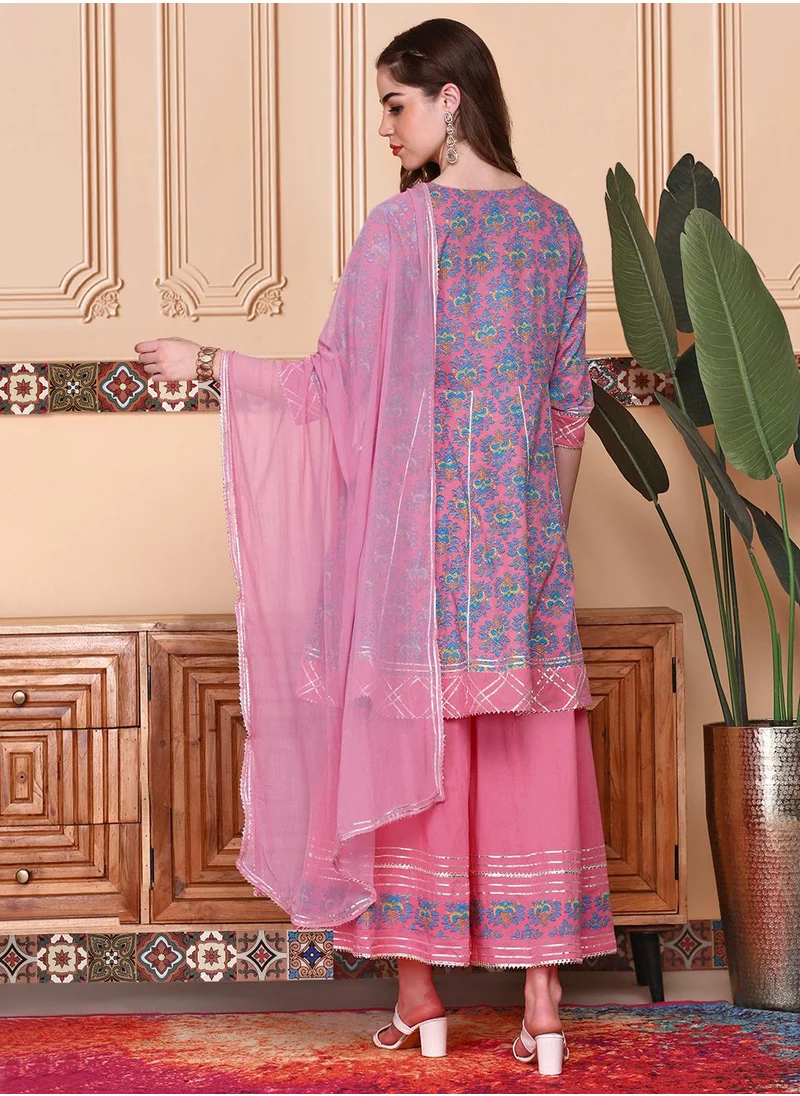 ISHIN Floral Printed Pure Cotton Anarkai Kurta With Sharara & Dupatta