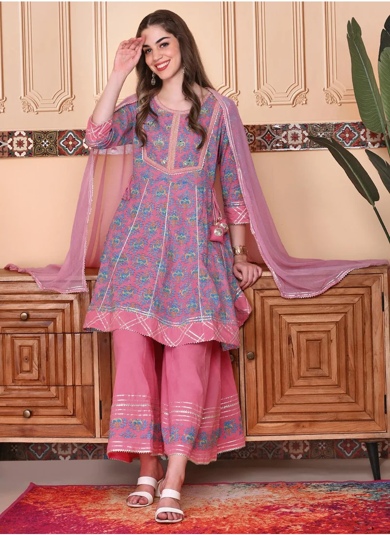 ISHIN Floral Printed Pure Cotton Anarkai Kurta With Sharara & Dupatta