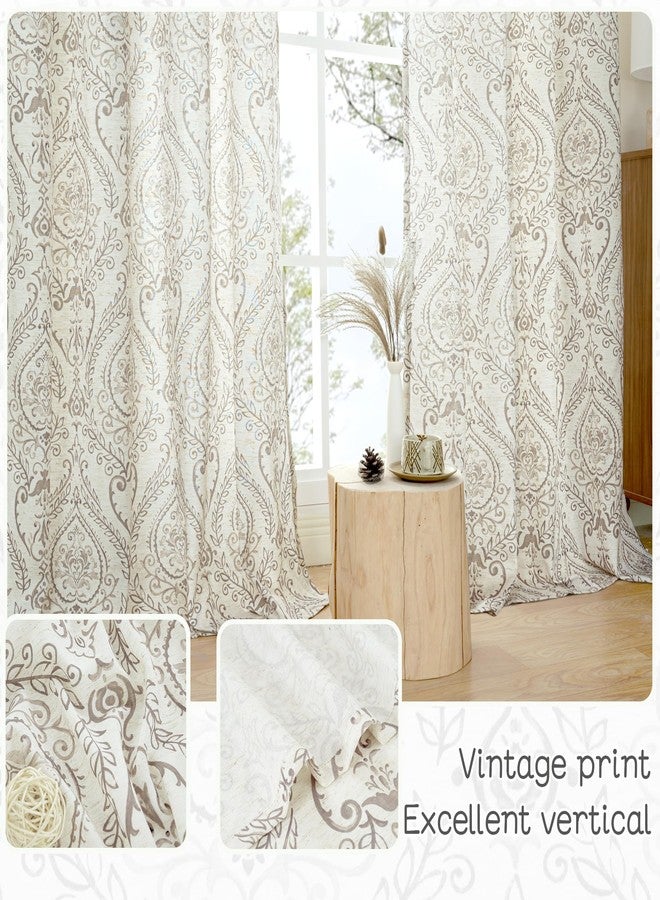LAMIT Linen Curtains for Living Room 84 Inch Length 2 Panels Set, Vintage Damask Printed Linen Curtains Grommet Light Filtering Window Drapes for Bedroom/Farmhouse, Taupe, Each 52 x 84 Inch - Image 4