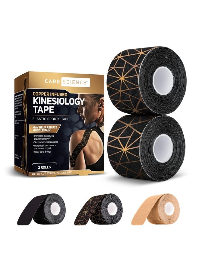 Care Science Waterproof Kinesiology Tape, 40 ct Precut Strips (2 Rolls), Copper Infused | Water Resistant Strips, Elastic Athletic Tape for Sports & Weightlifting, Muscle Strain Relief & Joint Support - Image 1