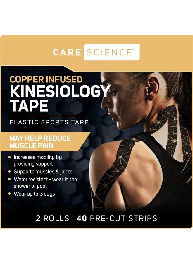 Care Science Waterproof Kinesiology Tape, 40 ct Precut Strips (2 Rolls), Copper Infused | Water Resistant Strips, Elastic Athletic Tape for Sports & Weightlifting, Muscle Strain Relief & Joint Support - Image 3