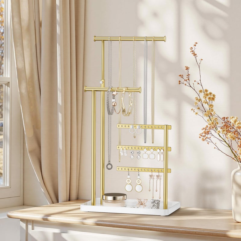 susswiff Jewelry Holder Organizer Stand - Adjustable Tall 17.5" (Max), Sturdy Jewelry Hanger for Necklaces, Earrings, Bracelets, Rings, Jewlery Display and Storage, Gold and White, Metal - Image 2