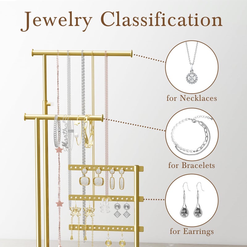 susswiff Jewelry Holder Organizer Stand - Adjustable Tall 17.5" (Max), Sturdy Jewelry Hanger for Necklaces, Earrings, Bracelets, Rings, Jewlery Display and Storage, Gold and White, Metal - Image 4