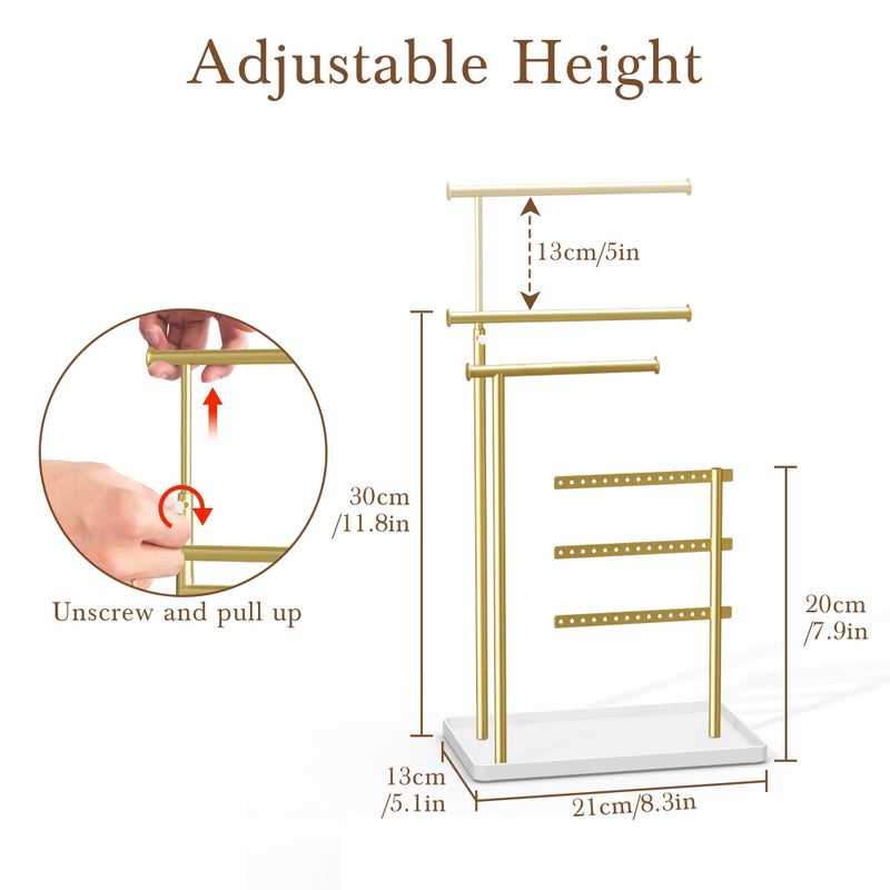 susswiff Jewelry Holder Organizer Stand - Adjustable Tall 17.5" (Max), Sturdy Jewelry Hanger for Necklaces, Earrings, Bracelets, Rings, Jewlery Display and Storage, Gold and White, Metal - Image 3