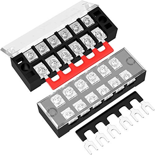Joinfworld 35A Terminal Block 6 Position Screw Terminal Strip Dual Row with Cover & 6 Position Pre-Insulated Terminal Jumper Block - 2 Pack - Image 1