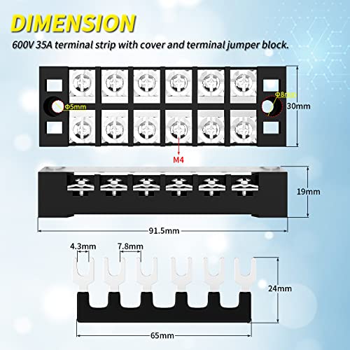 Joinfworld 35A Terminal Block 6 Position Screw Terminal Strip Dual Row with Cover & 6 Position Pre-Insulated Terminal Jumper Block - 2 Pack - Image 2