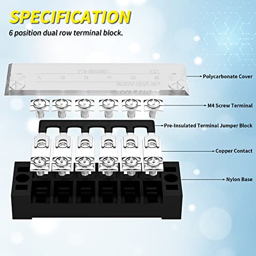 Joinfworld 35A Terminal Block 6 Position Screw Terminal Strip Dual Row with Cover & 6 Position Pre-Insulated Terminal Jumper Block - 2 Pack - Image 3