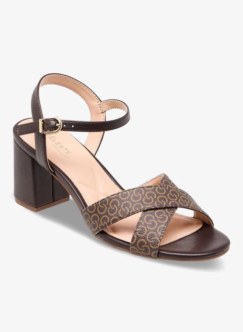 Celeste Women Monogram Print Block Heel Sandals