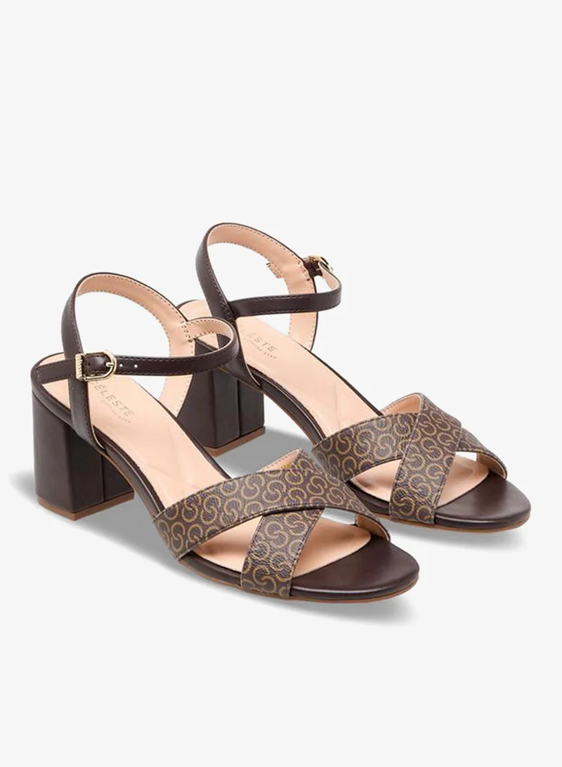 Celeste Women Monogram Print Block Heel Sandals