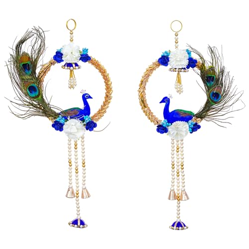 Sanvatsar Shubh-Labh Wall Hanging Decoration 2 Pcs, Size 10 Inch, Pooja Room Decor Items, Door Decorative Items Hanging, Door Tags for Diwali Traditional Wedding Decor, Set of 2 (Blue Peacock) - Image 1