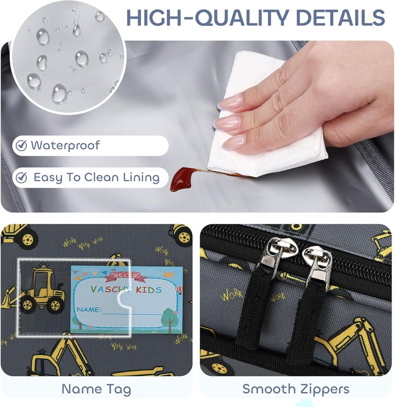 Vaschy Lunch Box Bag for Kids, Reusable Insulated Lunch Box Containers Coolers for Toddler Boys and Girls with Detachable Shoulder Strap for Daycare School Grey Excavator - Image 5