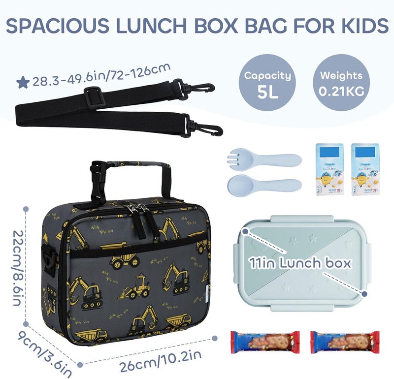 Vaschy Lunch Box Bag for Kids, Reusable Insulated Lunch Box Containers Coolers for Toddler Boys and Girls with Detachable Shoulder Strap for Daycare School Grey Excavator - Image 2