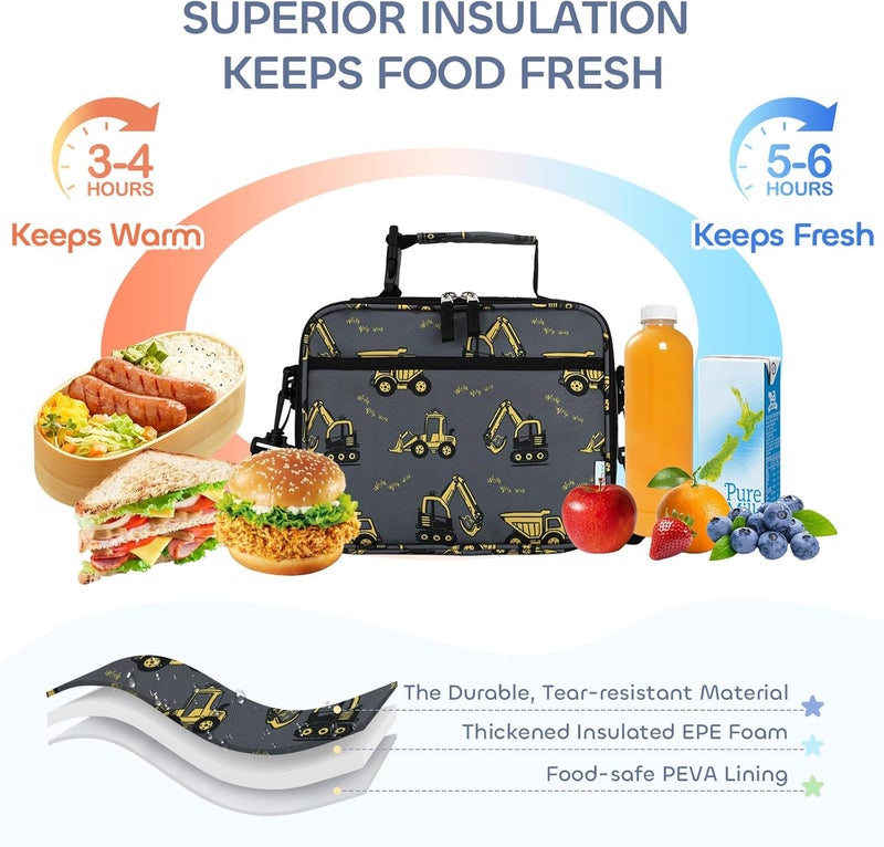 Vaschy Lunch Box Bag for Kids, Reusable Insulated Lunch Box Containers Coolers for Toddler Boys and Girls with Detachable Shoulder Strap for Daycare School Grey Excavator - Image 3