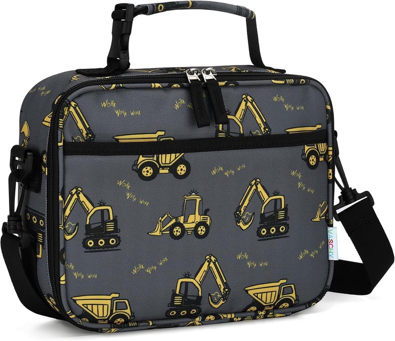 Vaschy Lunch Box Bag for Kids, Reusable Insulated Lunch Box Containers Coolers for Toddler Boys and Girls with Detachable Shoulder Strap for Daycare School Grey Excavator - Image 1