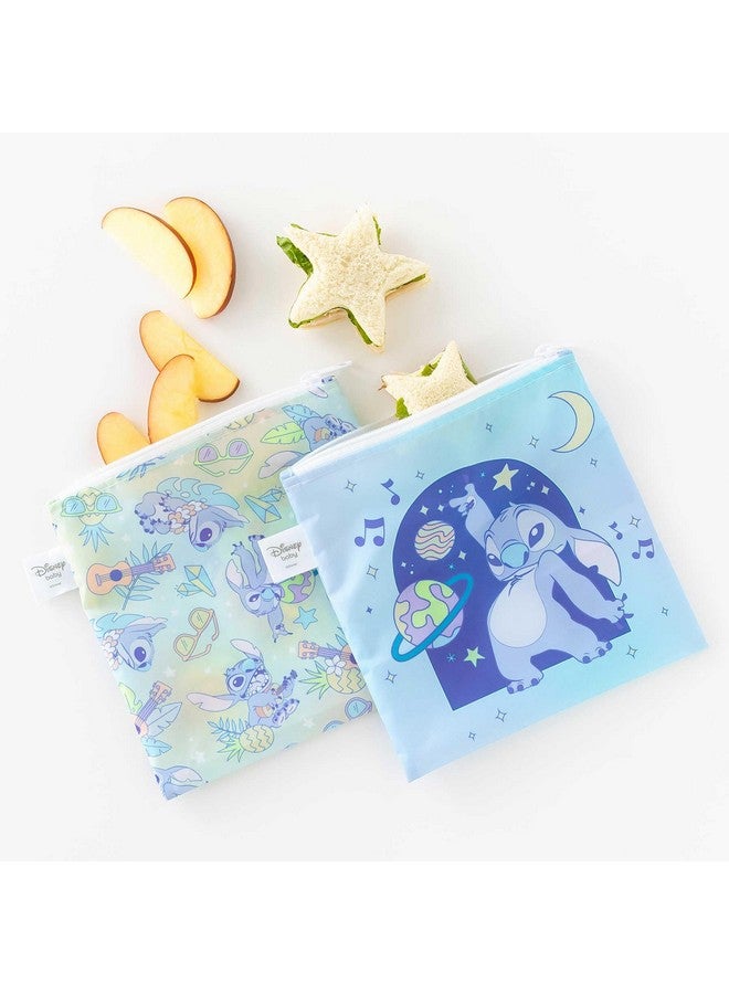 Bumkins Reusable Sandwich and Snack Bags, for Kids School Lunch and for Adults Portion, Washable Fabric, Waterproof Cloth Zip Bag, Travel Pouch, Food-Safe Storage, Large 2-pk, Disney Stitch