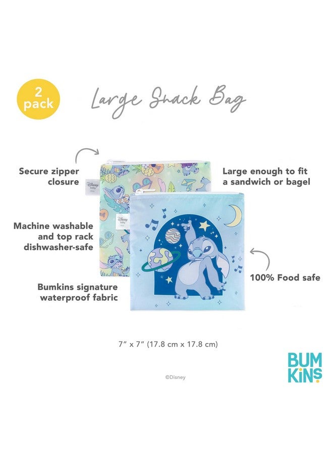 Bumkins Reusable Sandwich and Snack Bags, for Kids School Lunch and for Adults Portion, Washable Fabric, Waterproof Cloth Zip Bag, Travel Pouch, Food-Safe Storage, Large 2-pk, Disney Stitch