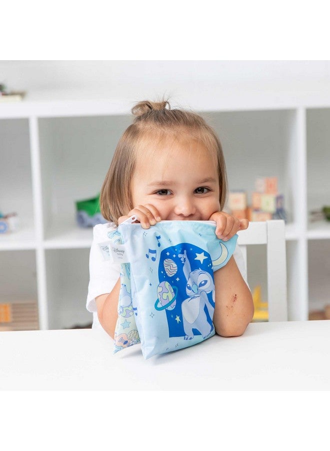 Bumkins Reusable Sandwich and Snack Bags, for Kids School Lunch and for Adults Portion, Washable Fabric, Waterproof Cloth Zip Bag, Travel Pouch, Food-Safe Storage, Large 2-pk, Disney Stitch