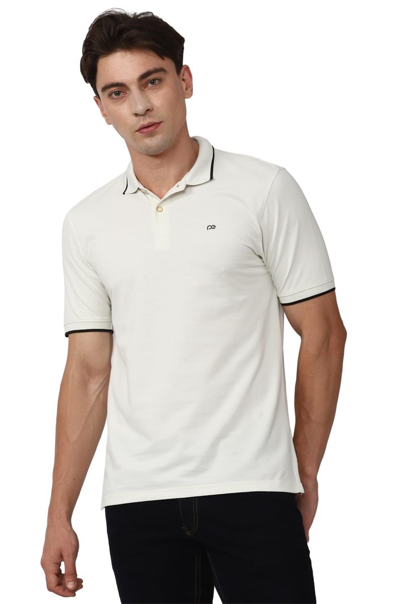 Peter England Men's Snug Fit Solid Polo T-Shirt with Coloured Collar Tipping| Cotton Rich| Premium Pique Weave Beige - Image 1