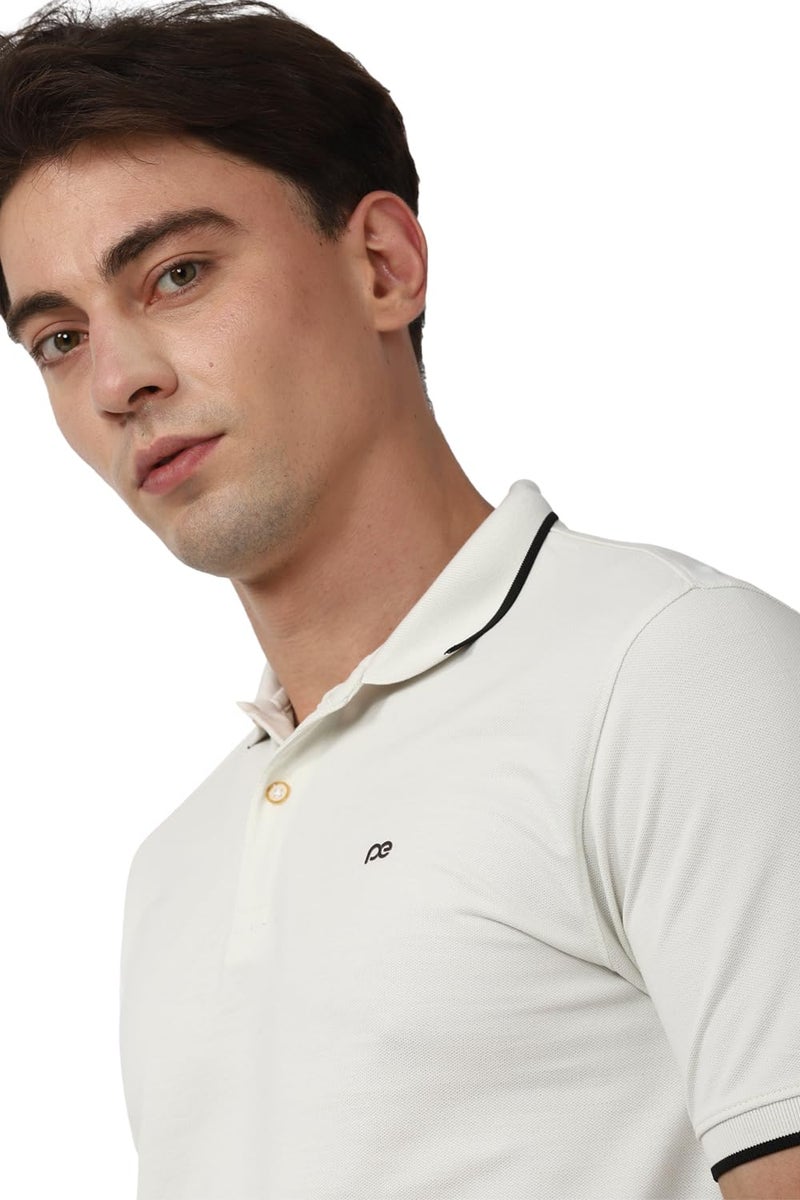 Peter England Men's Snug Fit Solid Polo T-Shirt with Coloured Collar Tipping| Cotton Rich| Premium Pique Weave Beige - Image 3