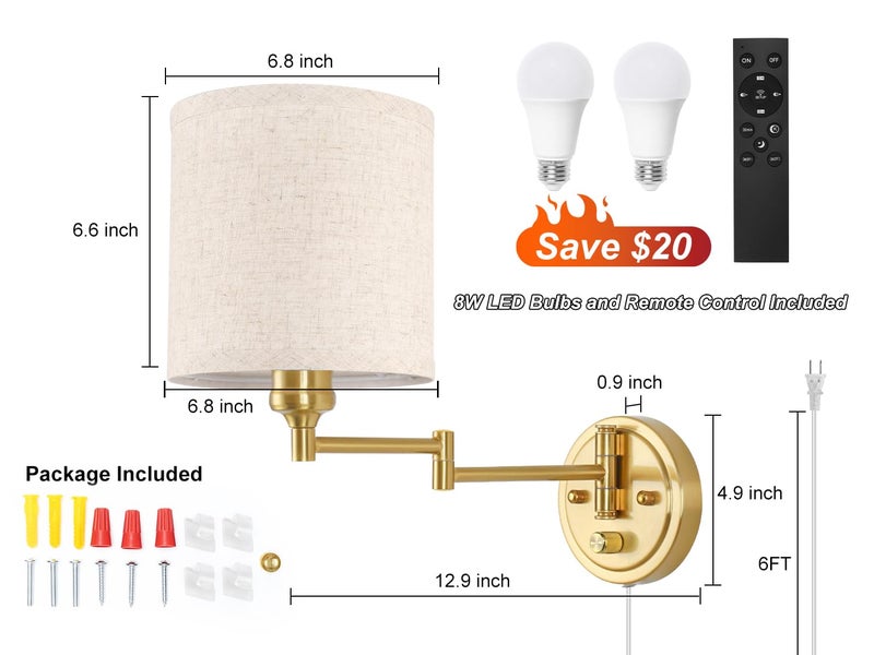 GOODATE Plug in Wall Sconces with Remote Control, Dimming & Adjustable Colors 2700K-6500K, Hardwire or Plug-in, Swing Arm Wall Lamp with Linen Fabric Shade, Wall Sconces Set of Two, Gold Finish - Image 5