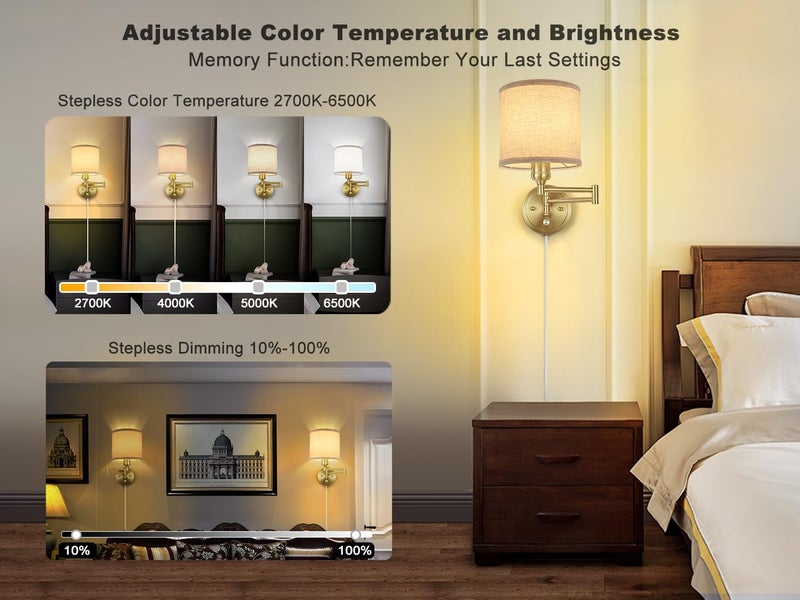 GOODATE Plug in Wall Sconces with Remote Control, Dimming & Adjustable Colors 2700K-6500K, Hardwire or Plug-in, Swing Arm Wall Lamp with Linen Fabric Shade, Wall Sconces Set of Two, Gold Finish - Image 2
