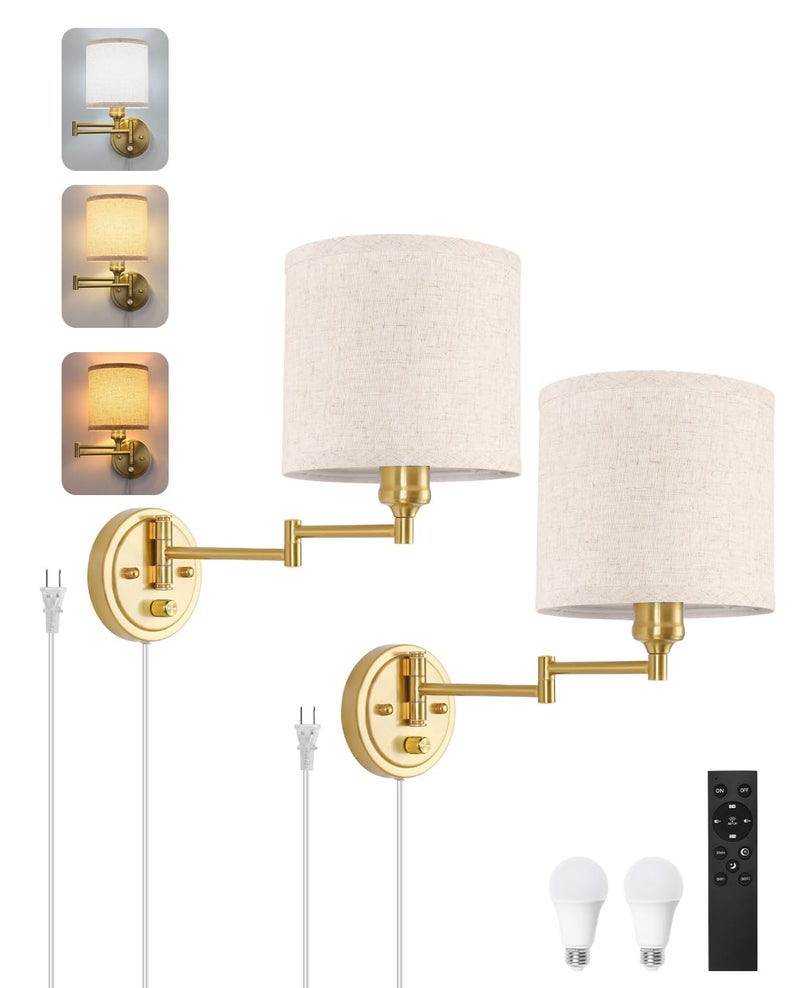 GOODATE Plug in Wall Sconces with Remote Control, Dimming & Adjustable Colors 2700K-6500K, Hardwire or Plug-in, Swing Arm Wall Lamp with Linen Fabric Shade, Wall Sconces Set of Two, Gold Finish - Image 1